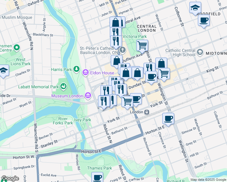 map of restaurants, bars, coffee shops, grocery stores, and more near 120 Dundas Street in London