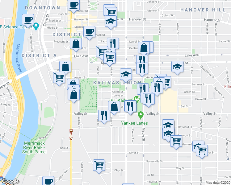 map of restaurants, bars, coffee shops, grocery stores, and more near 224 Green Street in Manchester