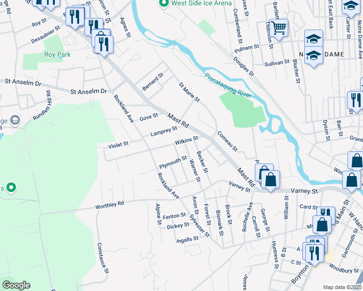 map of restaurants, bars, coffee shops, grocery stores, and more near 91 Wilkins Street in Manchester