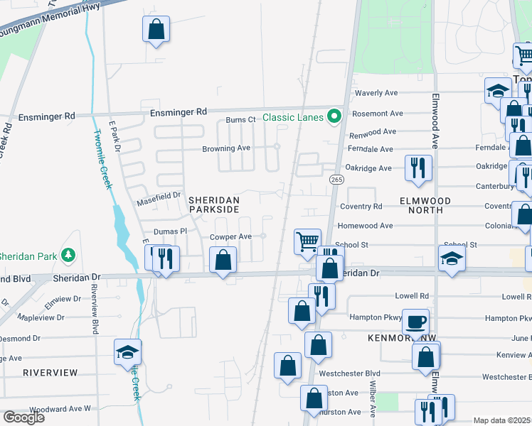 map of restaurants, bars, coffee shops, grocery stores, and more near 1740 Military Road in Tonawanda