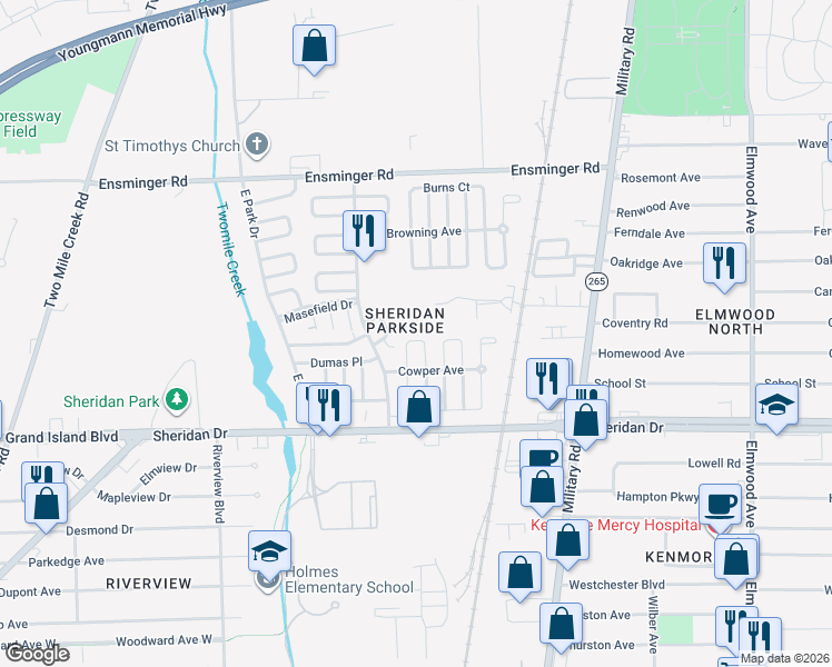 map of restaurants, bars, coffee shops, grocery stores, and more near 26-32 Curwood Court in Tonawanda