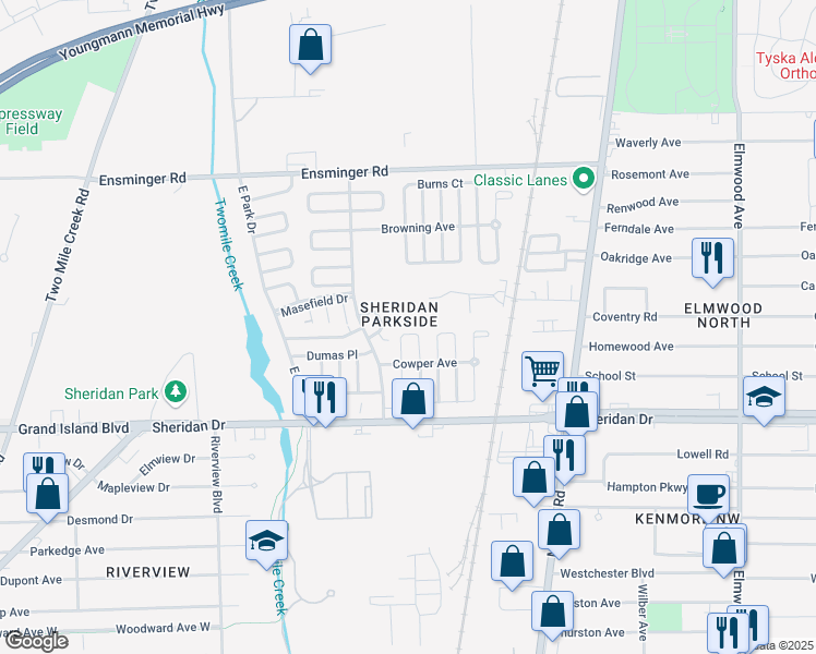 map of restaurants, bars, coffee shops, grocery stores, and more near 26-32 Curwood Court in Tonawanda