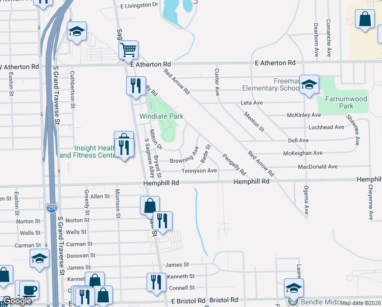 map of restaurants, bars, coffee shops, grocery stores, and more near 346 Browning Avenue in Flint
