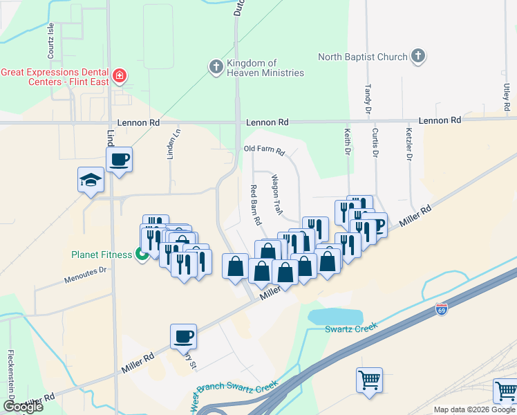 map of restaurants, bars, coffee shops, grocery stores, and more near 3117 Red Barn Road in Flint