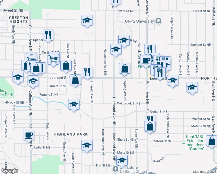 map of restaurants, bars, coffee shops, grocery stores, and more near 914 Leonard Street Northeast in Grand Rapids