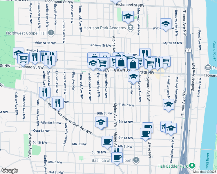 map of restaurants, bars, coffee shops, grocery stores, and more near 1116 Jennette Avenue Northwest in Grand Rapids