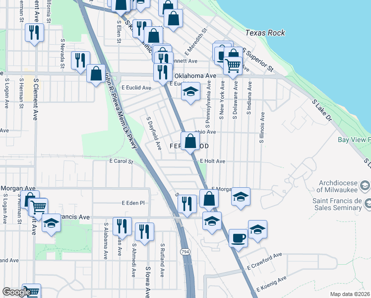 map of restaurants, bars, coffee shops, grocery stores, and more near 3328 South Springfield Avenue in Milwaukee