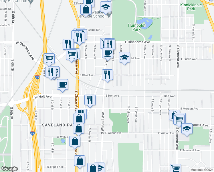 map of restaurants, bars, coffee shops, grocery stores, and more near 3327 South Griffin Avenue in Milwaukee
