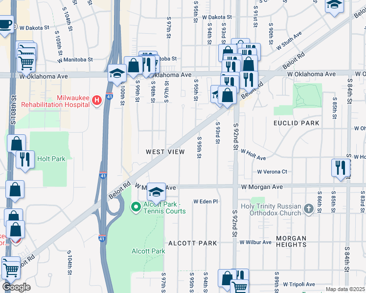 map of restaurants, bars, coffee shops, grocery stores, and more near 9548 Beloit Road in Milwaukee