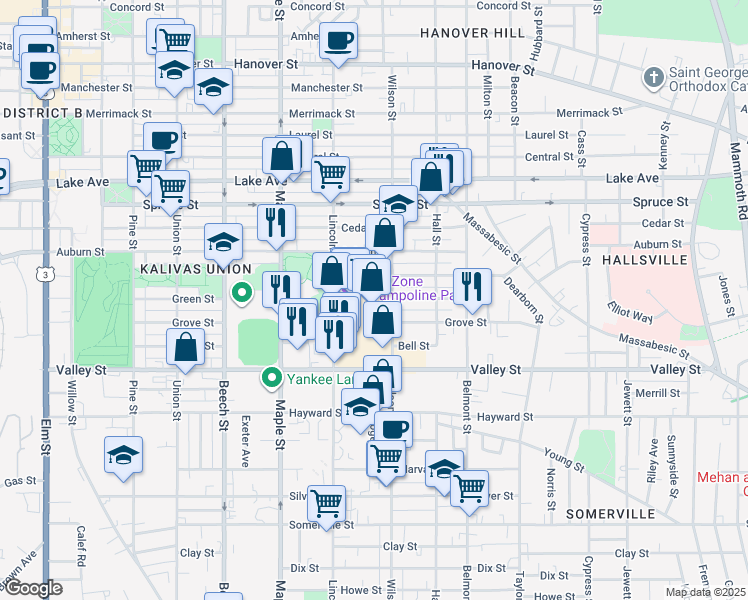 map of restaurants, bars, coffee shops, grocery stores, and more near 301-361 Lincoln Street in Manchester