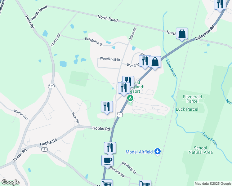 map of restaurants, bars, coffee shops, grocery stores, and more near 3 Birch Road in North Hampton