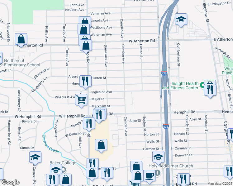 map of restaurants, bars, coffee shops, grocery stores, and more near 829 Ingleside Avenue in Flint