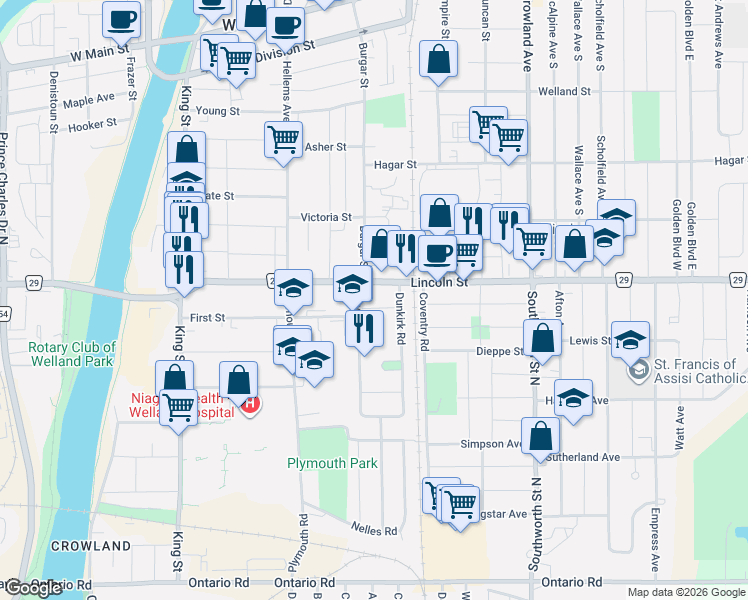 map of restaurants, bars, coffee shops, grocery stores, and more near 4 Dover Road in Welland