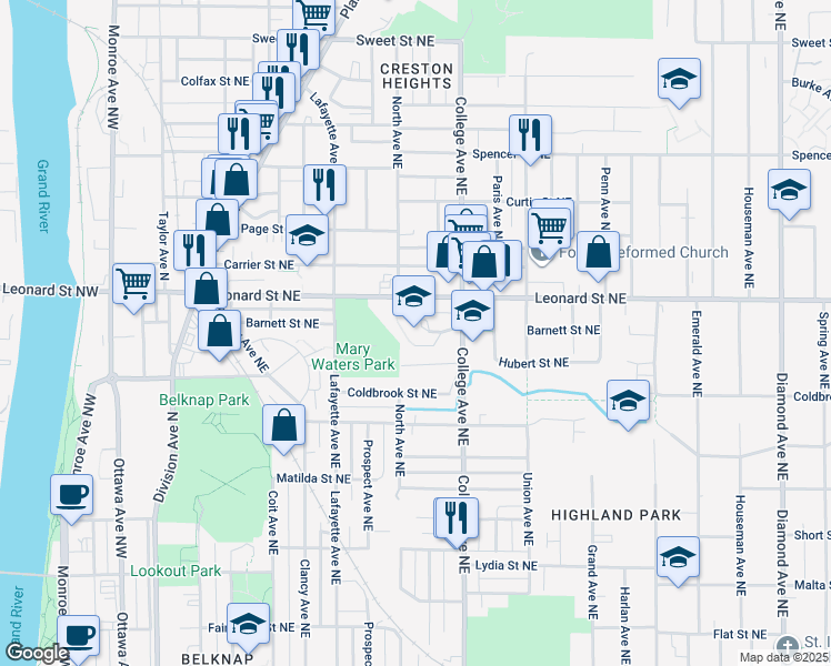 map of restaurants, bars, coffee shops, grocery stores, and more near 410 Barnett Street Northeast in Grand Rapids