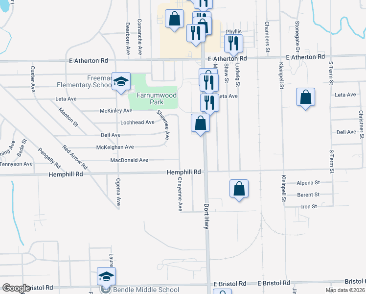 map of restaurants, bars, coffee shops, grocery stores, and more near 4419 Cheyenne Avenue in Flint