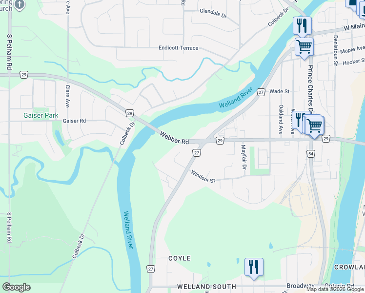 map of restaurants, bars, coffee shops, grocery stores, and more near 166 Michelle Court in Welland