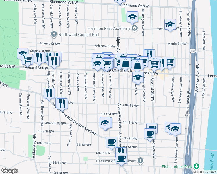 map of restaurants, bars, coffee shops, grocery stores, and more near 1116 Jennette Avenue Northwest in Grand Rapids