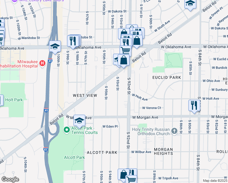 map of restaurants, bars, coffee shops, grocery stores, and more near 3326 South 93rd Street in Milwaukee