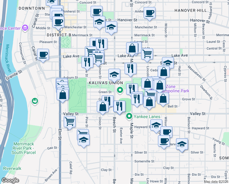 map of restaurants, bars, coffee shops, grocery stores, and more near 307 Beech Street in Manchester