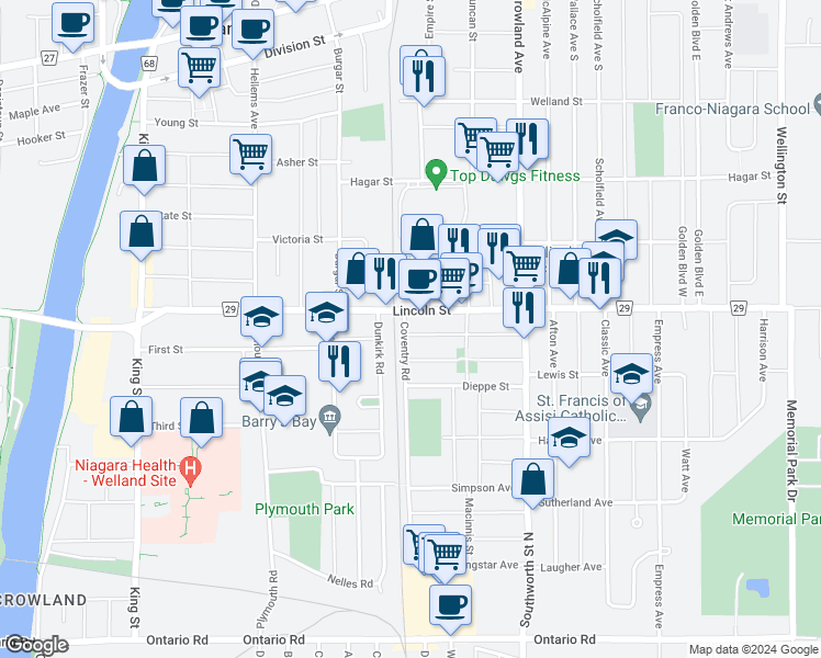 map of restaurants, bars, coffee shops, grocery stores, and more near 298 Corvette Street in Welland