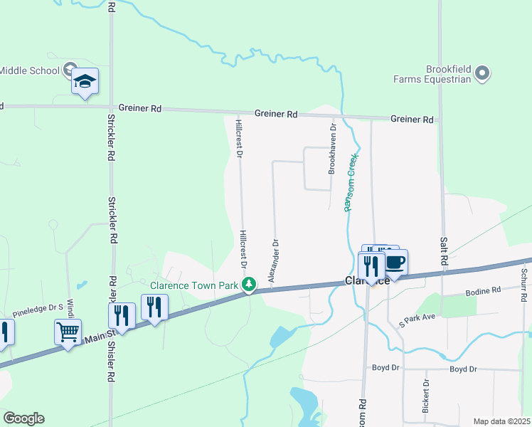 map of restaurants, bars, coffee shops, grocery stores, and more near 5060 Alexander Drive in Clarence