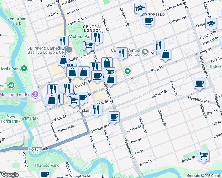 map of restaurants, bars, coffee shops, grocery stores, and more near 380 Wellington Street in London