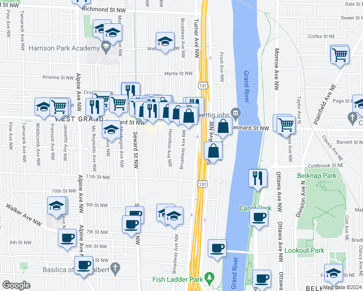 map of restaurants, bars, coffee shops, grocery stores, and more near 1113 Broadway Avenue Northwest in Grand Rapids