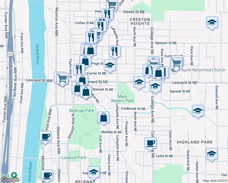 map of restaurants, bars, coffee shops, grocery stores, and more near 248 Barnett Street Northeast in Grand Rapids
