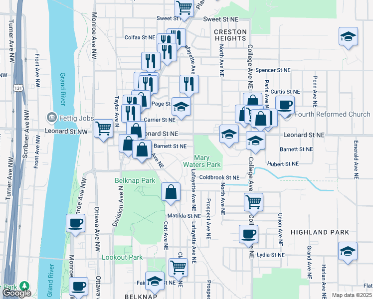 map of restaurants, bars, coffee shops, grocery stores, and more near 244 Barnett Street Northeast in Grand Rapids