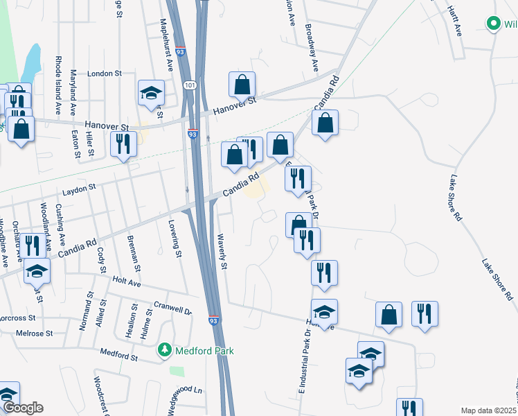 map of restaurants, bars, coffee shops, grocery stores, and more near 835 Candia Road in Manchester