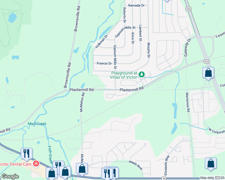 map of restaurants, bars, coffee shops, grocery stores, and more near 995 Gypsum Mills Street in Victor