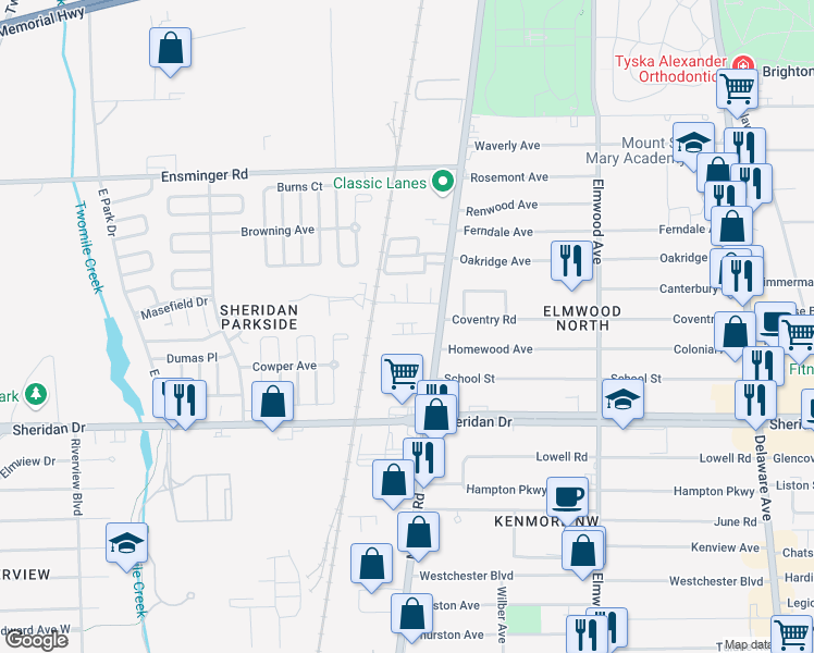 map of restaurants, bars, coffee shops, grocery stores, and more near 1720 Military Road in Buffalo