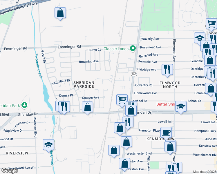 map of restaurants, bars, coffee shops, grocery stores, and more near 1724 Military Road in Buffalo