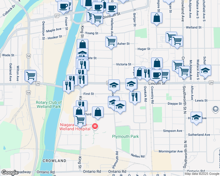 map of restaurants, bars, coffee shops, grocery stores, and more near 5 Plymouth Road in Welland