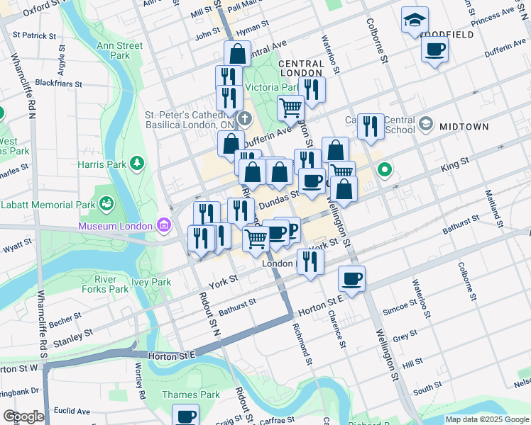 map of restaurants, bars, coffee shops, grocery stores, and more near in London