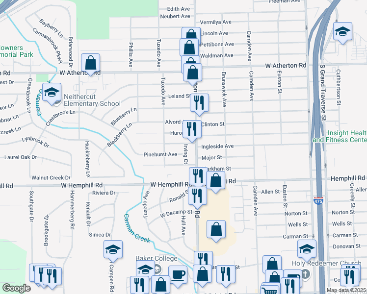 map of restaurants, bars, coffee shops, grocery stores, and more near 1028 Ingleside Avenue in Flint