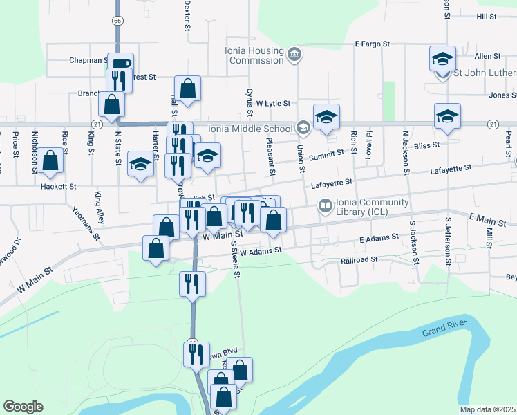 map of restaurants, bars, coffee shops, grocery stores, and more near 237 High Street in Ionia