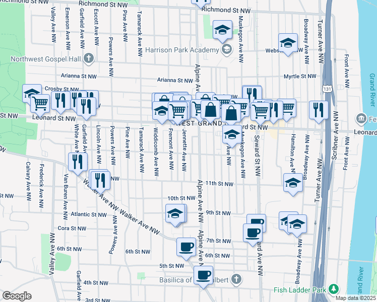 map of restaurants, bars, coffee shops, grocery stores, and more near 1116 Jennette Avenue Northwest in Grand Rapids