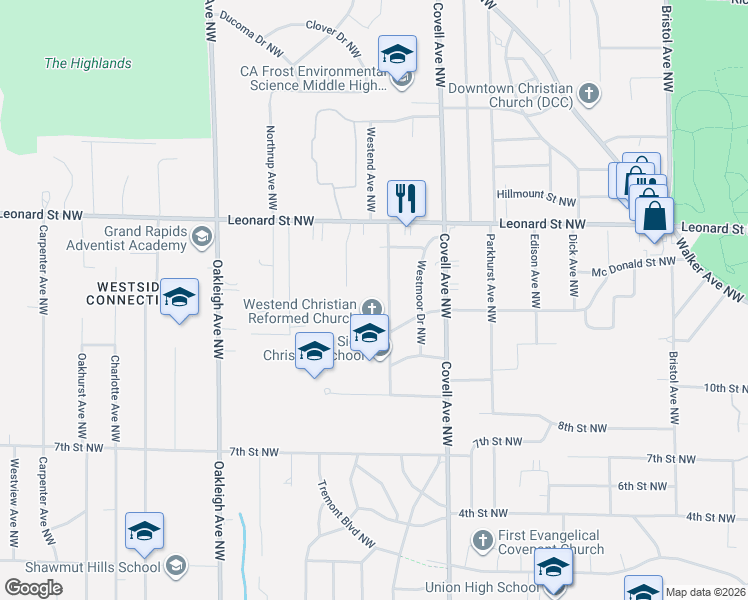 map of restaurants, bars, coffee shops, grocery stores, and more near 1061 Westend Avenue Northwest in Grand Rapids