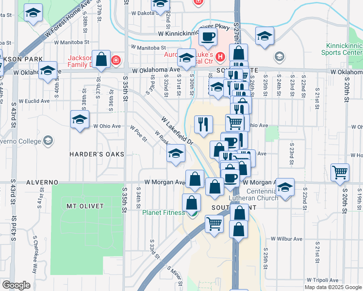map of restaurants, bars, coffee shops, grocery stores, and more near 3009 West Lakefield Drive in Milwaukee