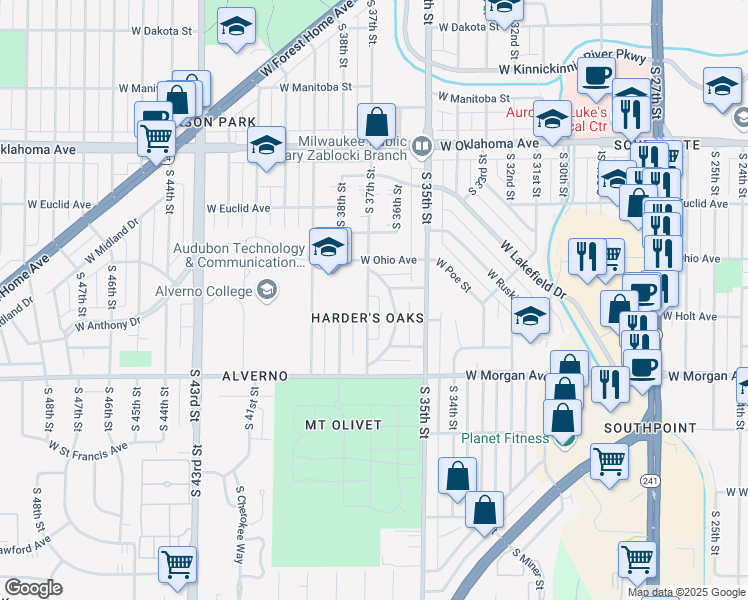 map of restaurants, bars, coffee shops, grocery stores, and more near 3345 South Princeton Avenue in Milwaukee