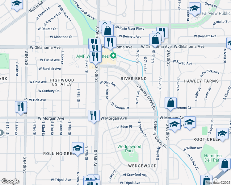 map of restaurants, bars, coffee shops, grocery stores, and more near 7413 West Ohio Avenue in Milwaukee