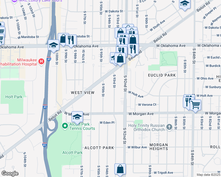 map of restaurants, bars, coffee shops, grocery stores, and more near 3326 South 93rd Street in Milwaukee