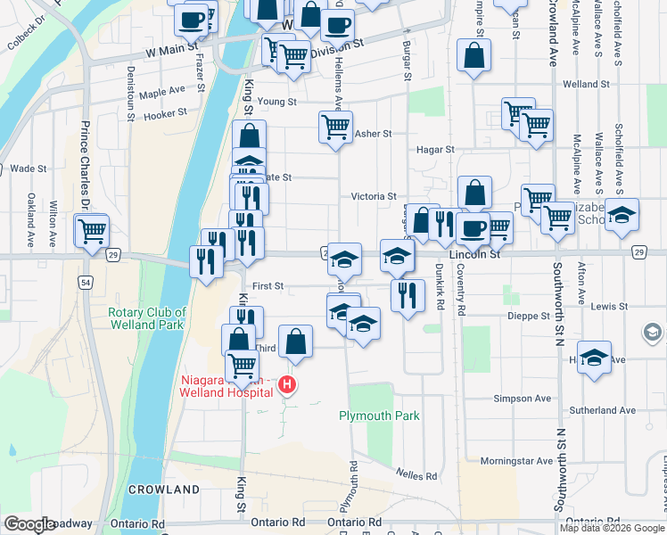 map of restaurants, bars, coffee shops, grocery stores, and more near 21 Plymouth Road in Welland