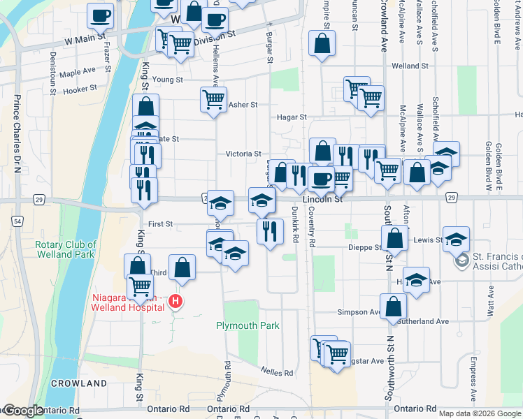 map of restaurants, bars, coffee shops, grocery stores, and more near 4 Dover Road in Welland