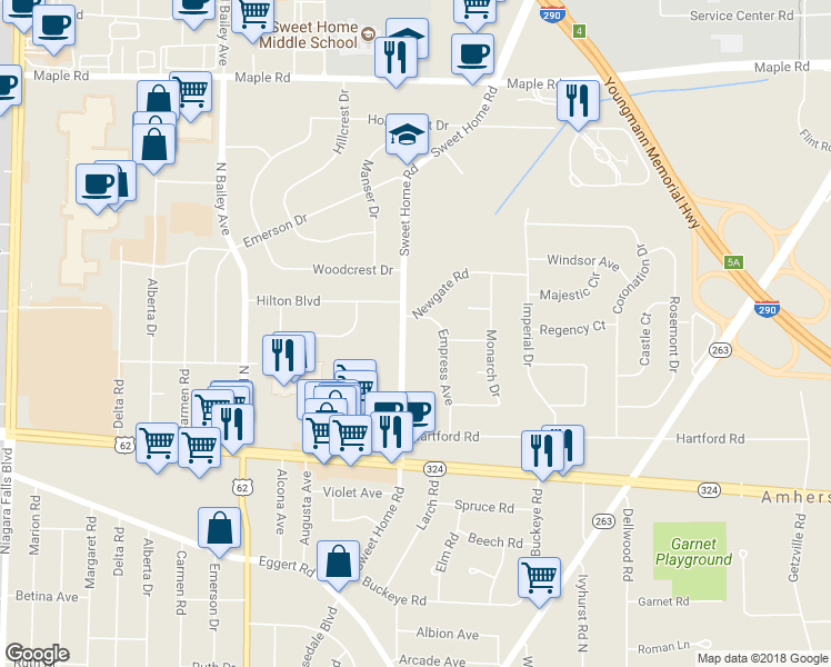 map of restaurants, bars, coffee shops, grocery stores, and more near 759 Sweet Home Road in Buffalo