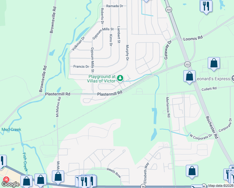 map of restaurants, bars, coffee shops, grocery stores, and more near 6337 Plastermill Road in Victor