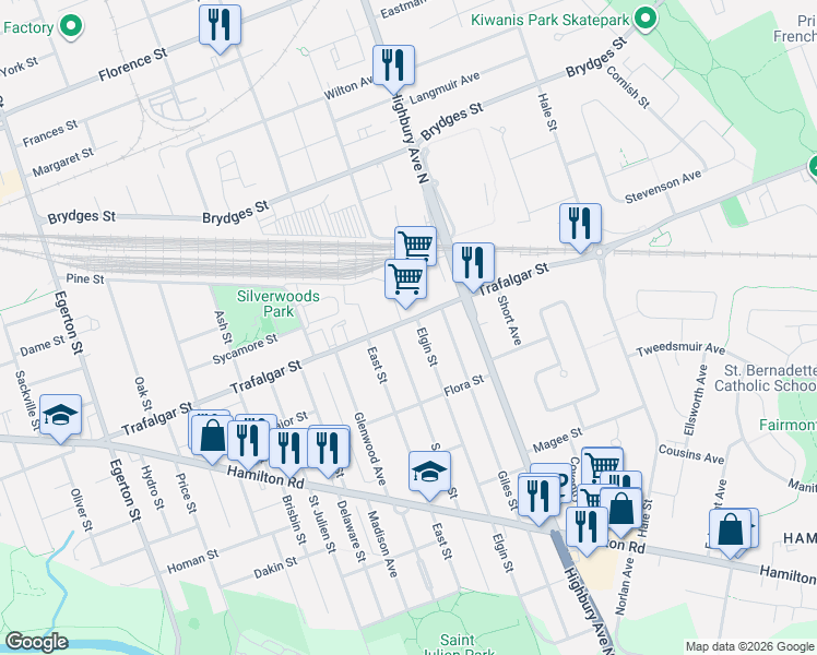 map of restaurants, bars, coffee shops, grocery stores, and more near 1291 Trafalgar Street in London