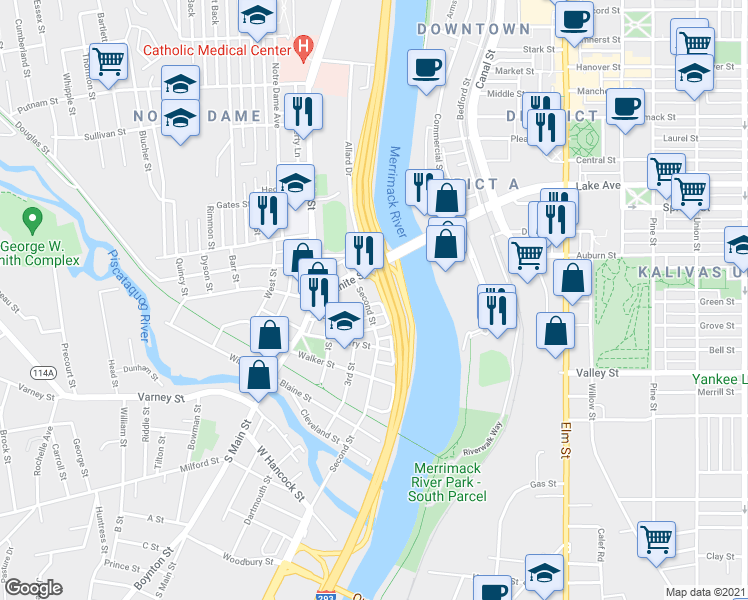 map of restaurants, bars, coffee shops, grocery stores, and more near 19 School Street in Manchester