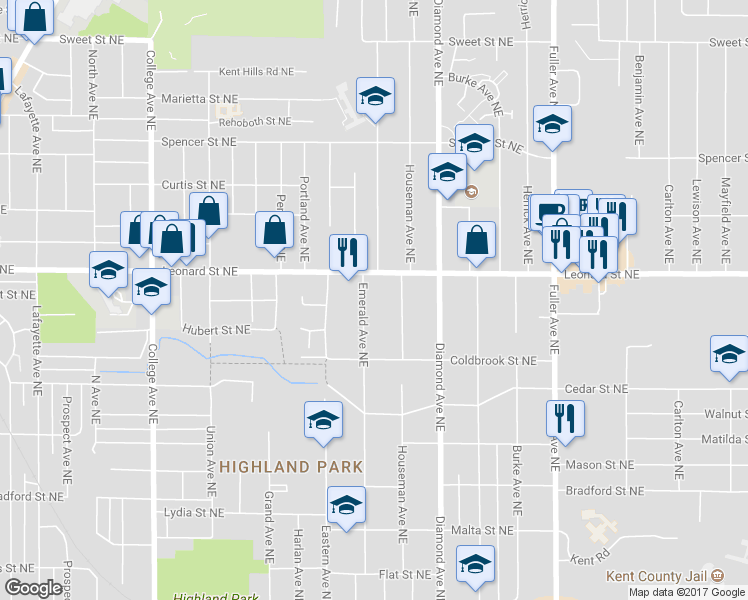map of restaurants, bars, coffee shops, grocery stores, and more near 1128 Emerald Avenue Northeast in Grand Rapids